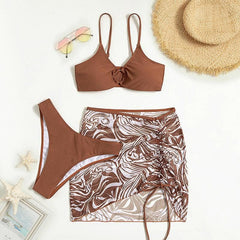 Contrast print drawstring o ring 3 piece swimwear