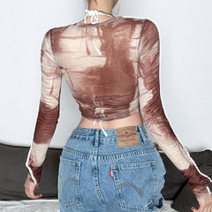 Furry tie dye sheer mesh see through long sleeve crop top