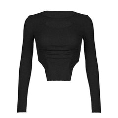 Ruched hollow out long sleeve solid patchwork crop top