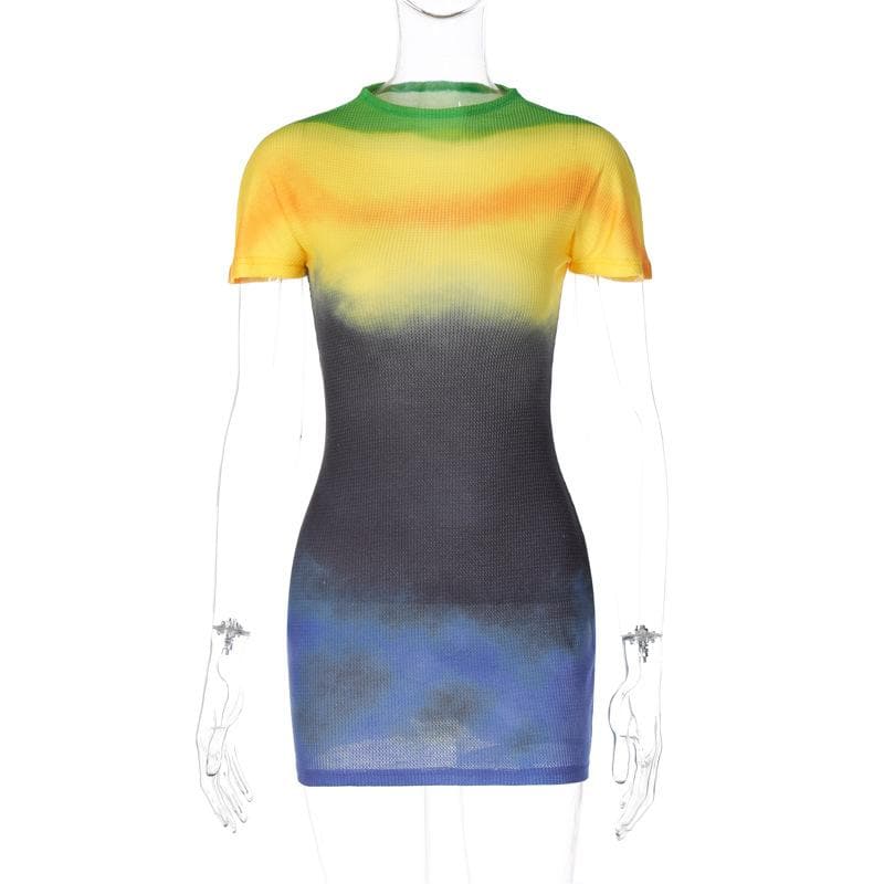 Tie dye contrast short sleeve crewneck mini dress