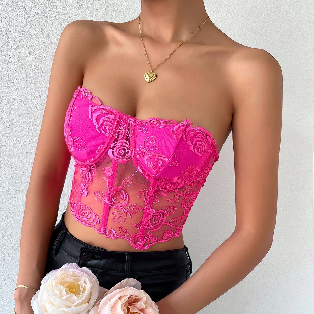 Rose mesh solid button bustier tube top