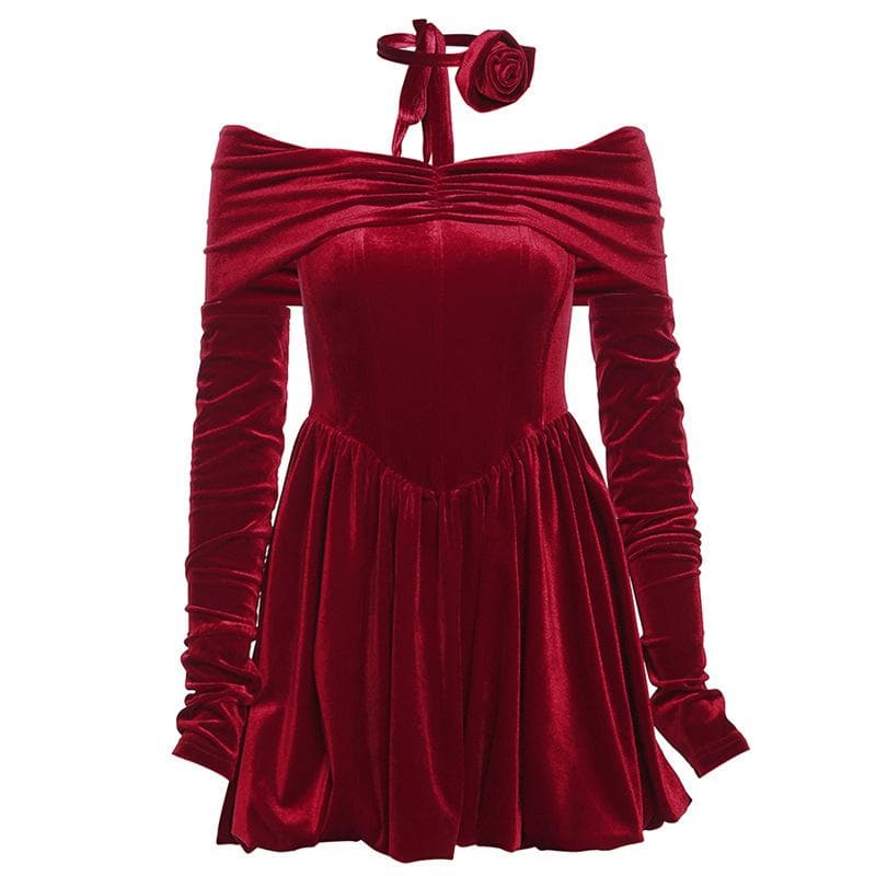 Velvet ruched zip-up off shoulder long sleeve solid mini dress