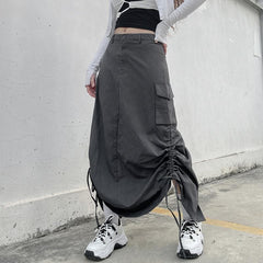 Solid ruched drawstring cargo pocket slit maxi skirt