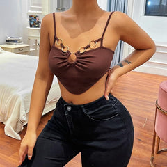 Rückenfreies Camisole-Crop-Top mit ausgehöhltem, einfarbigem O-Ring und Rüschen 