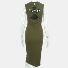 Button hollow out sleeveless ribbed slit 2-way midi dress