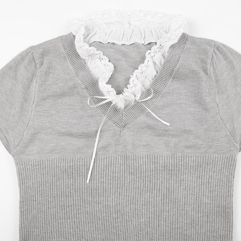 Knitted short sleeve lace hem contrast crop top - Final Sale