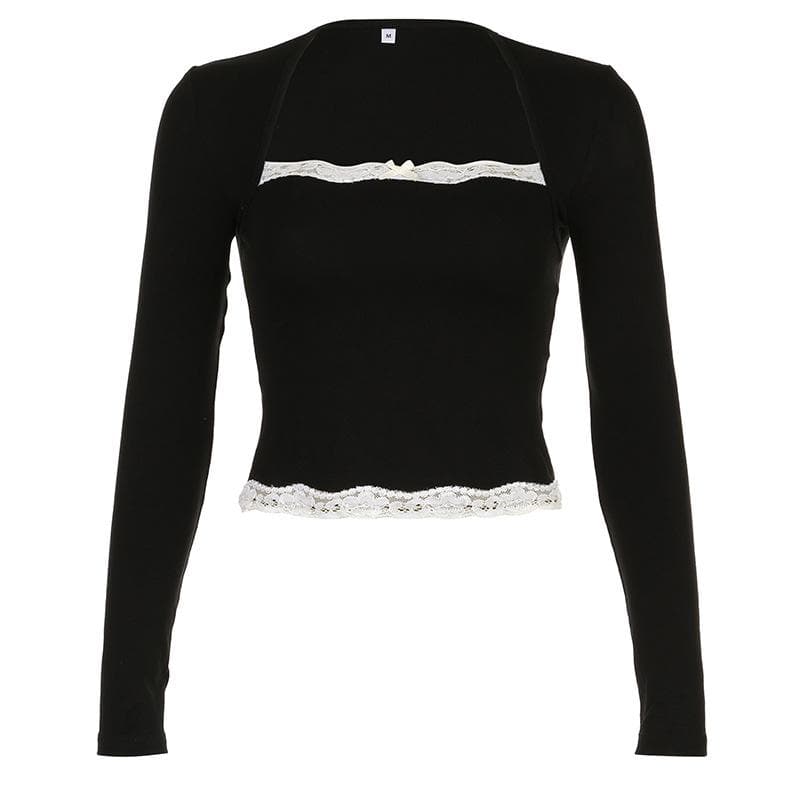 Lace hem contrast square neck long sleeve top