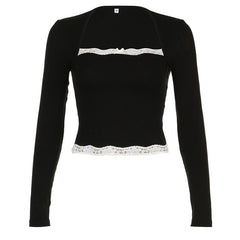 Lace hem contrast square neck long sleeve top