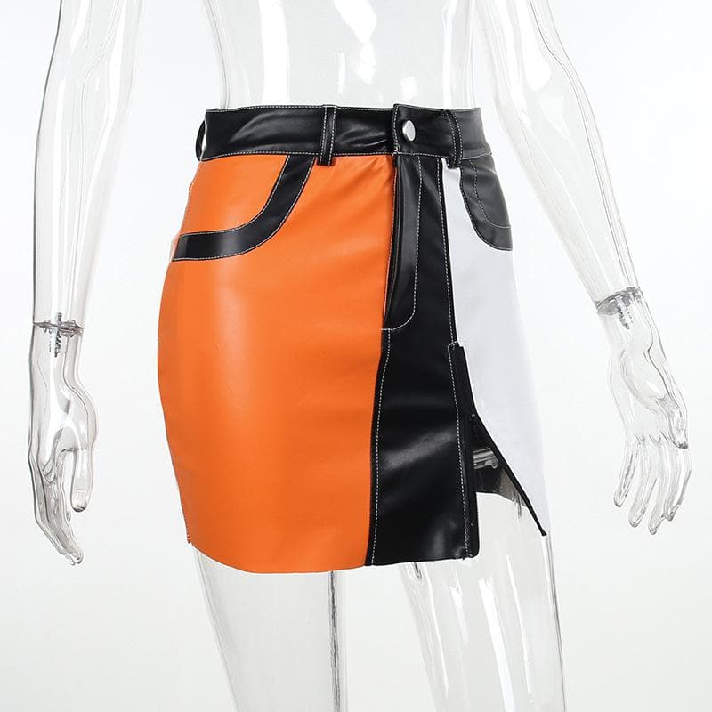 Patchwork contrast zip-up irregular pocket mini skirt