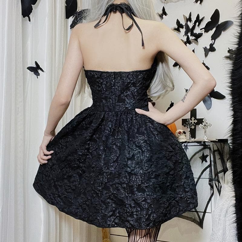 Textured cross applique ruffle halter zip-up lace up mini dress | victorian gothic dresses