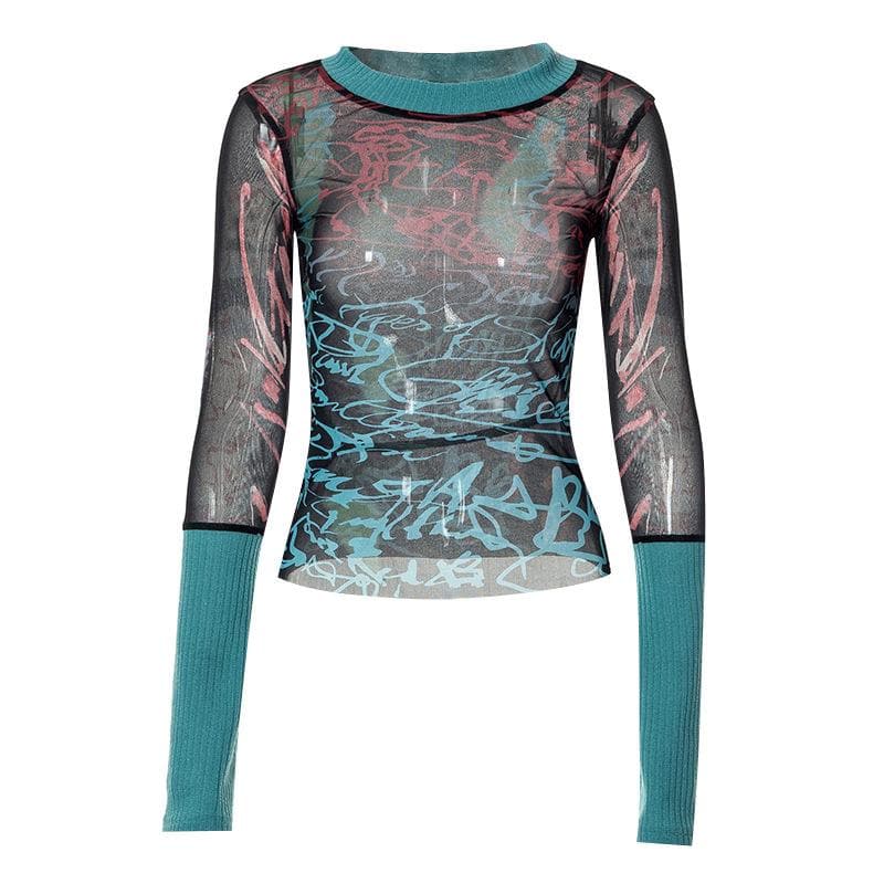 Mesh contrast print knitted long sleeve see through top