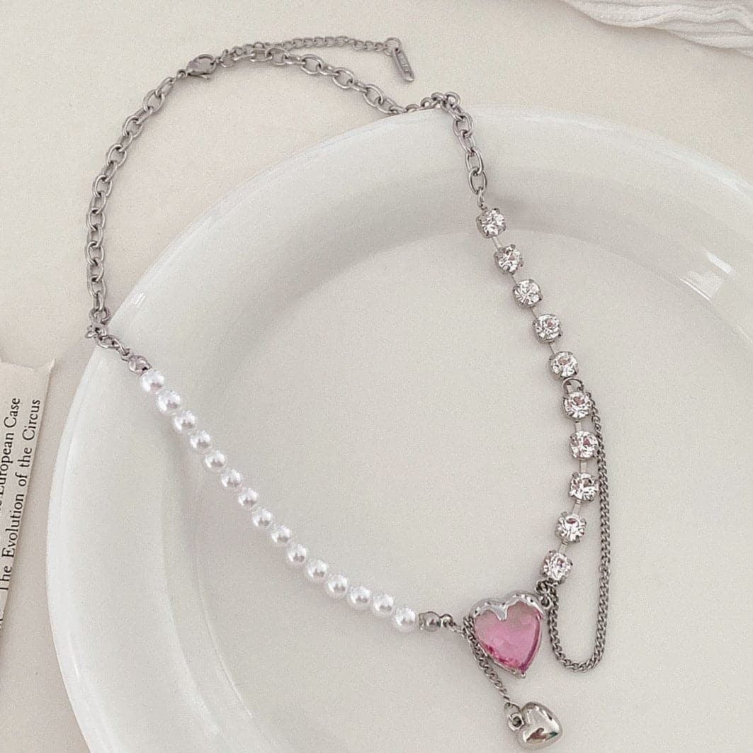 Collar en capas con colgante de corazón de perla sintética y diamantes de imitación 