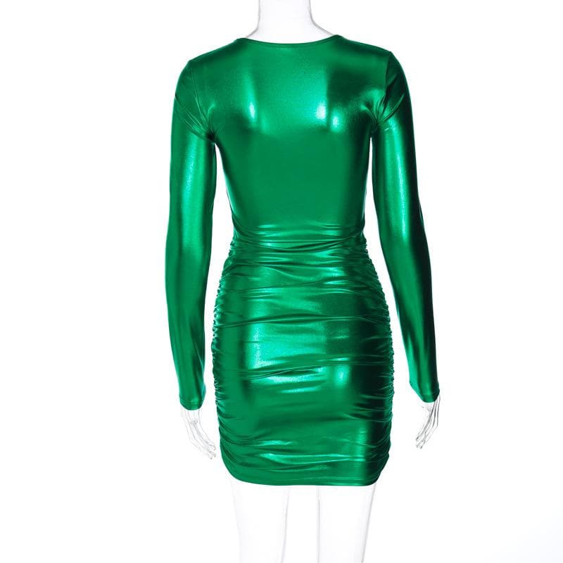 Metallic-Minikleid mit Rüschen und langen Ärmeln sowie V-Ausschnitt