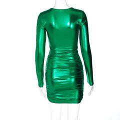 Metallic-Minikleid mit Rüschen und langen Ärmeln sowie V-Ausschnitt