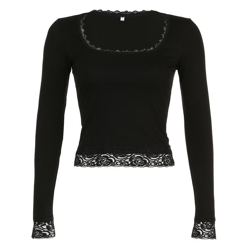 Blusa de manga larga con cuello cuadrado liso y dobladillo de encaje 