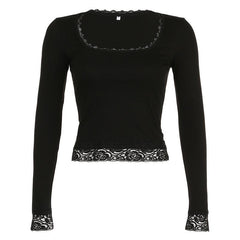 Blusa de manga larga con cuello cuadrado liso y dobladillo de encaje 