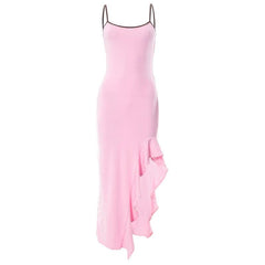 Irregular ruffle backless solid u neck cami maxi dress