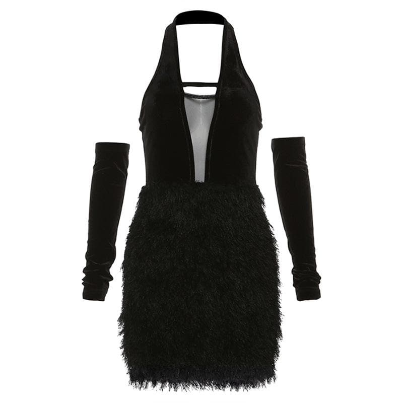 Fluffy mesh patchwork halter gloves solid backless mini dress