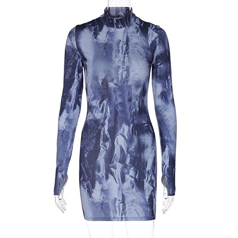 Tie dye long sleeve high neck gloves contrast mini dress