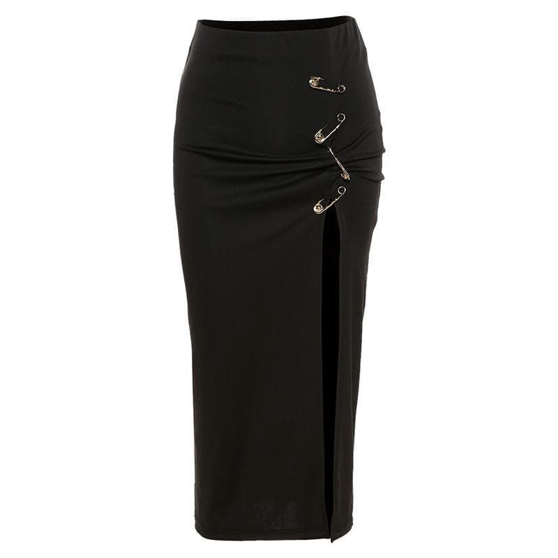 Solid high slit ruched pins midi skirt