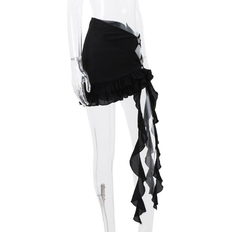 Irregular hollow out ribbon butterfly applique solid ruffle mini skirt