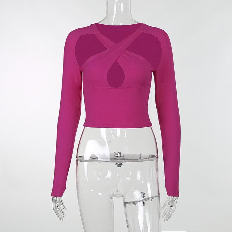 Hollow out cross front long sleeve solid crop top - Final Sale