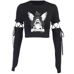 Round neck short sleeve removable gloves graphic top