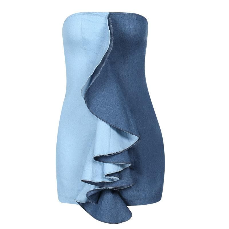 Ruffle contrast patchwork denim backless tube mini dress