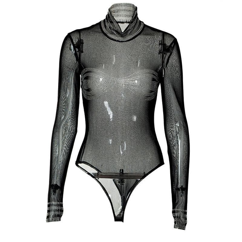 Durchsichtiger Bodysuit aus transparentem Netzstoff mit hohem Kragen und Perlenbesatz und langen Ärmeln