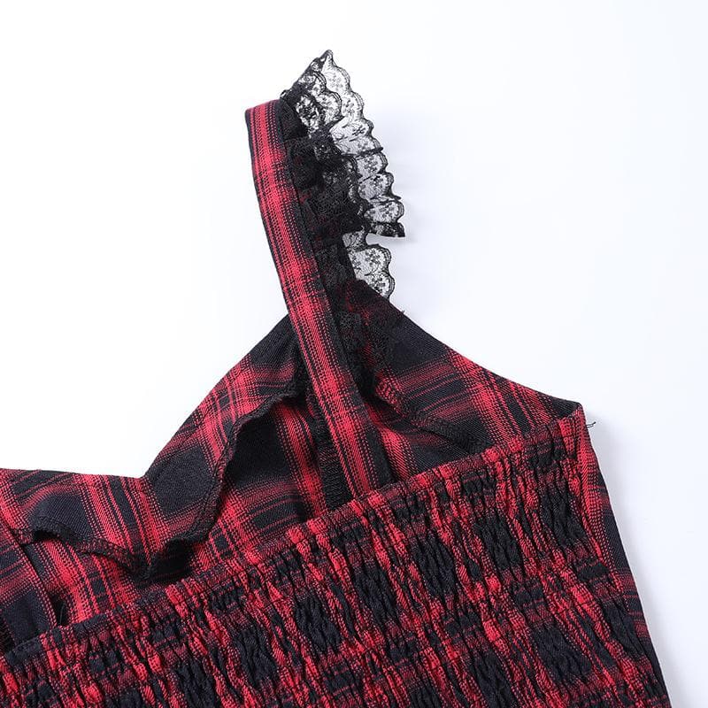 Lace hem ruffle lace up plaid smocked backless mini skirt set