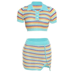 Turnover collar short sleeve button contrast striped mini skirt set