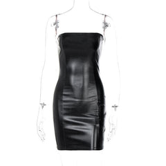 Sleeveless solid PU leather backless tube dress