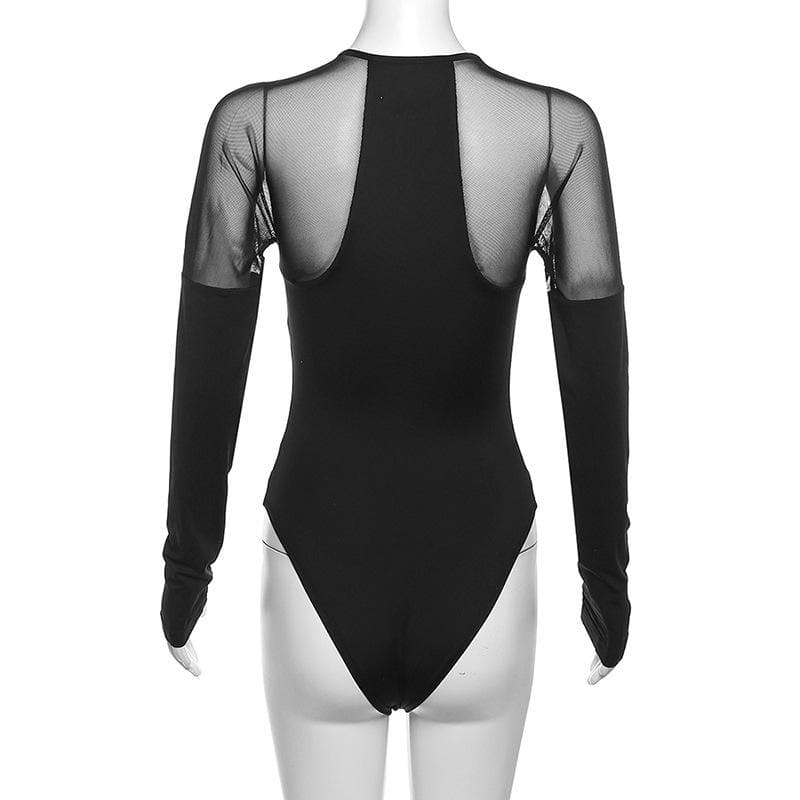 Einfarbiger Bodysuit mit langen Ärmeln und Rundhalsausschnitt im Mesh-Patchwork-Stil