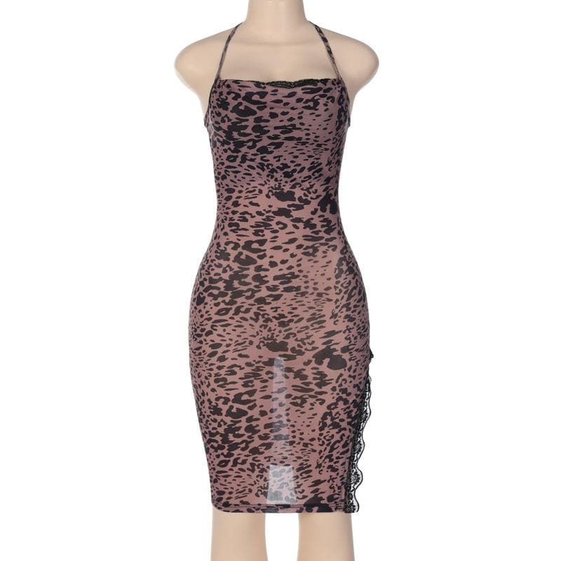 Leopard print contrast lace hem halter slit mini dress