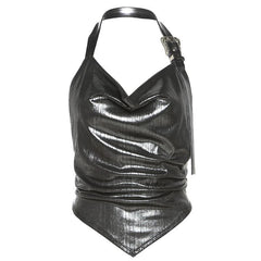 Metallic cowl neck buckle halter ruched backless top