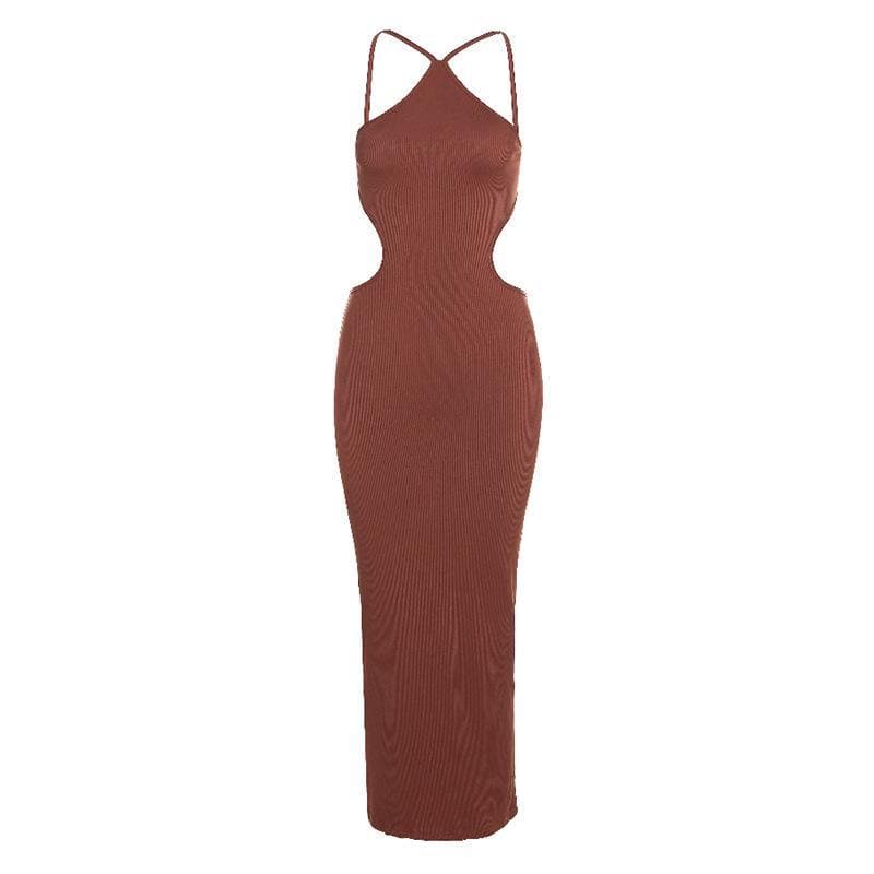 Vestido midi de canalé con espalda abierta y cuello halter calado 