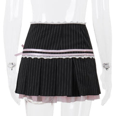 Pleated striped button lace hem bowknot stitch mini skirt