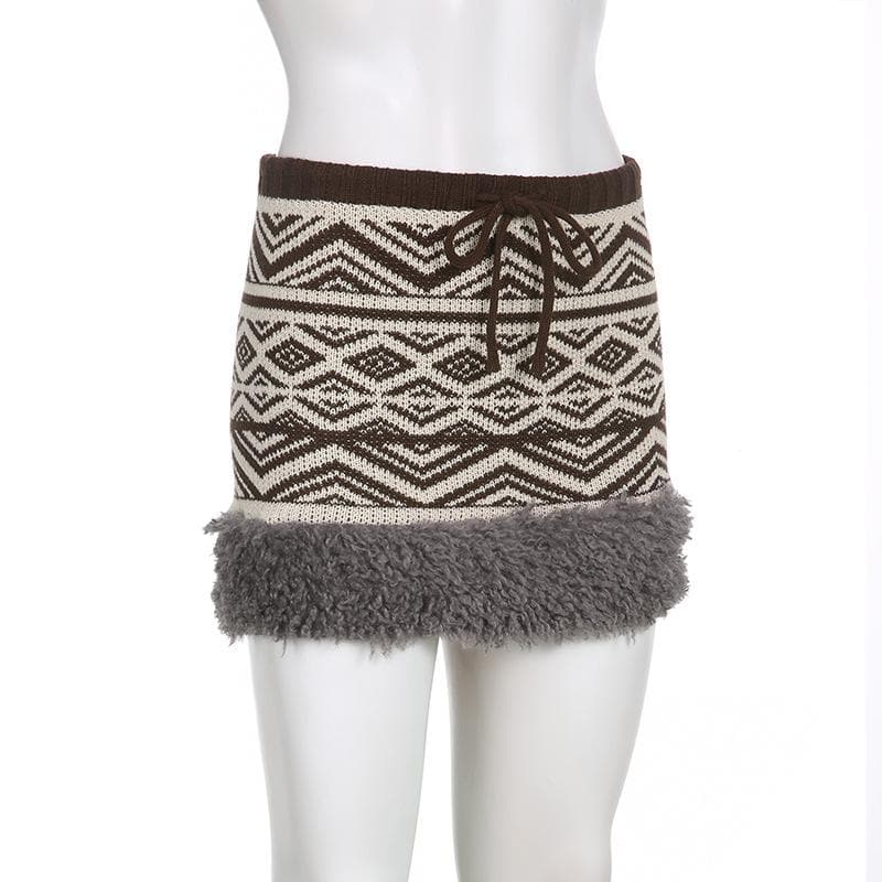 Knitted contrast drawstring fluffy mini skirt