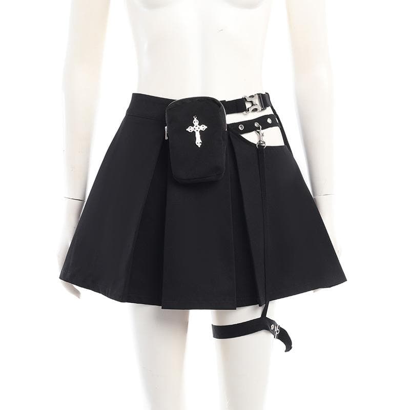 Pocket irregular pleated solid buckle zip-up mini skirt