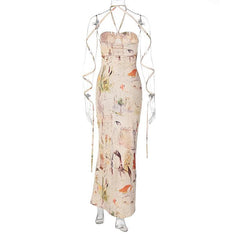 Halter print wrap ruched maxi dress
