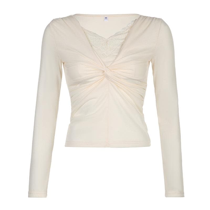 Knotted solid ruched long sleeve lace hem top