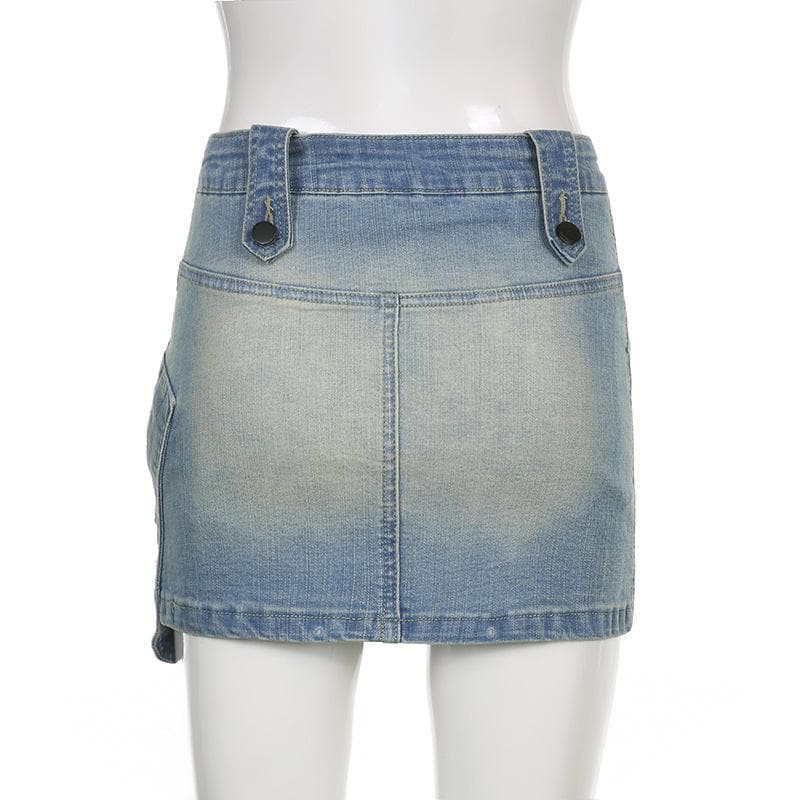 Irregular gradient button zip-up cargo pocket denim mini skirt