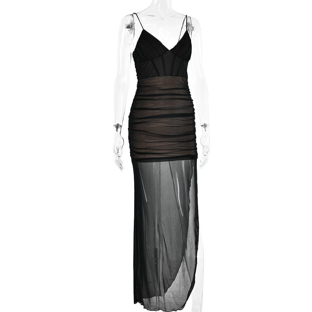 Mesh v neck ruched slit zip-up spaghetti strap maxi dress