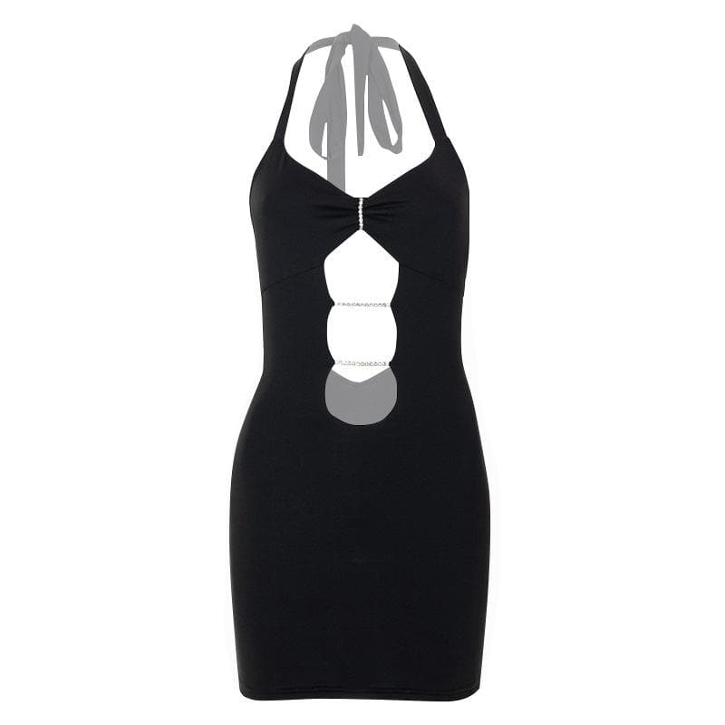 Gerafftes, einfarbiges, perlenbesetztes, rückenfreies Neckholder-Minikleid zum Selbstbinden