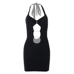 Ruched solid beaded halter backless self tie mini dress