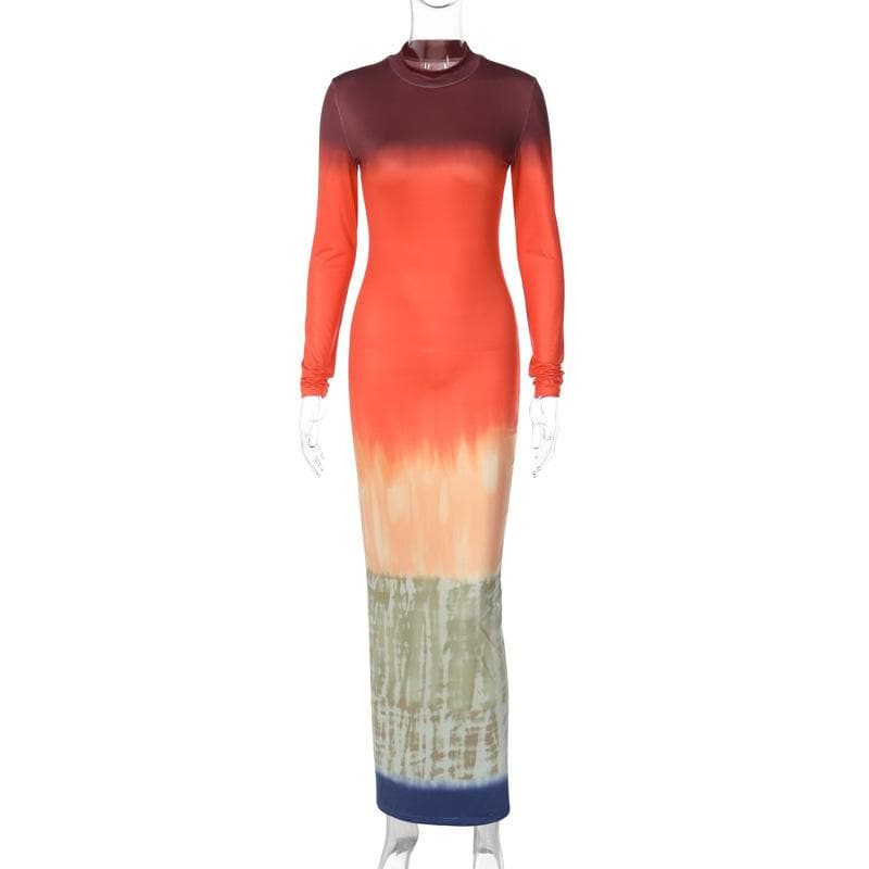 Tie dye print long sleeve high neck contrast maxi dress