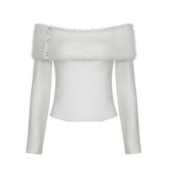 Fluffy off shoulder solid button long sleeve top