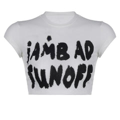 Top corto con cuello redondo y mangas cortas con estampado "iAM BAD FUN OFF" 