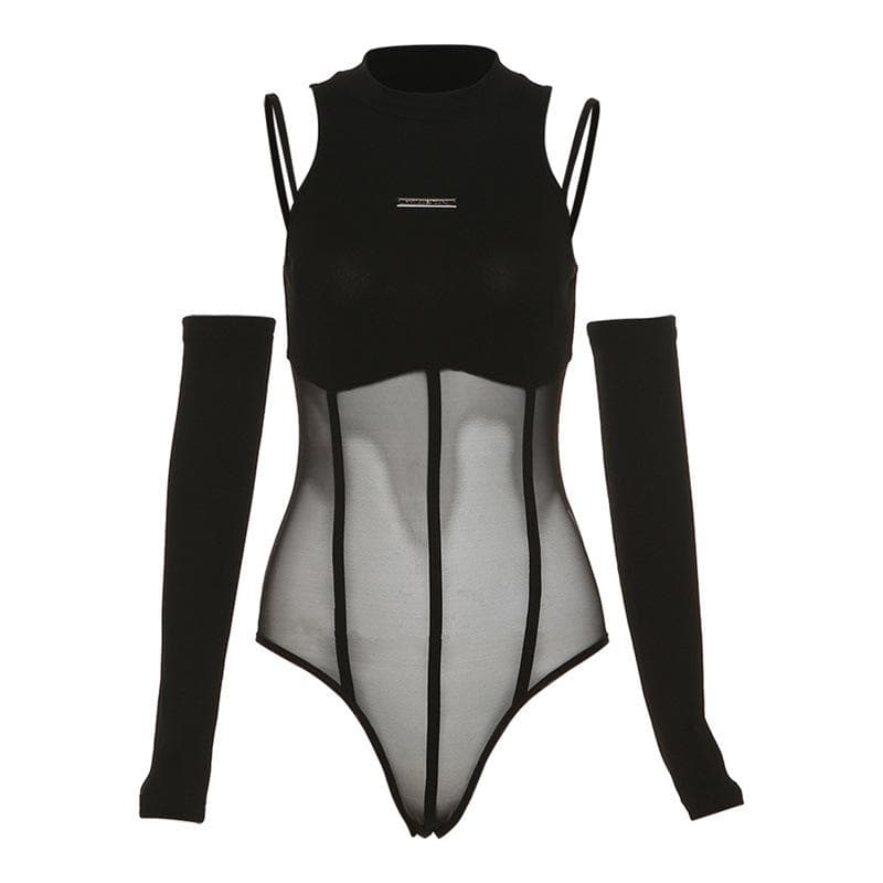 Mesh-Patchwork-Handschuhe, einfarbiger ärmelloser Bodysuit mit Metalletikett