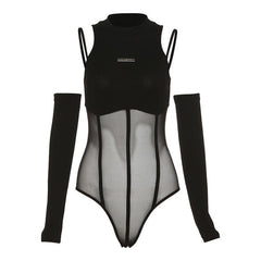 Mesh-Patchwork-Handschuhe, einfarbiger ärmelloser Bodysuit mit Metalletikett